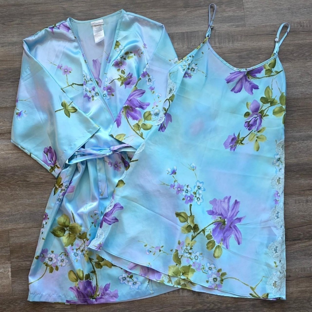 Secret Treasures Vintage Floral Satin Slip Dress and Robe Set Blue Purple Small